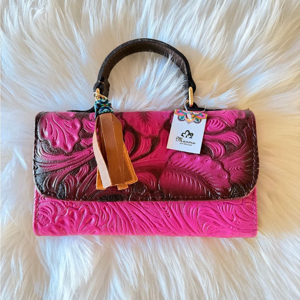 Handcrafted Embossed Floral Design Leather Crossbody Bag
